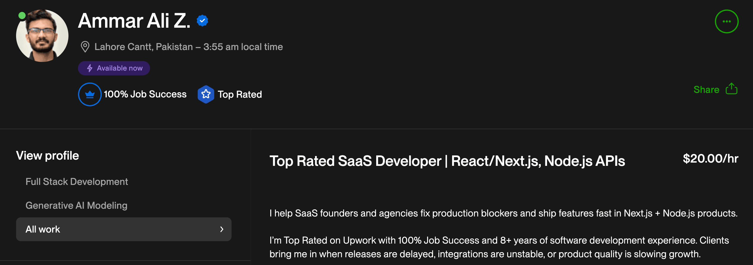 Upwork profile screenshot showing Top Rated badge and 100% Job Success score